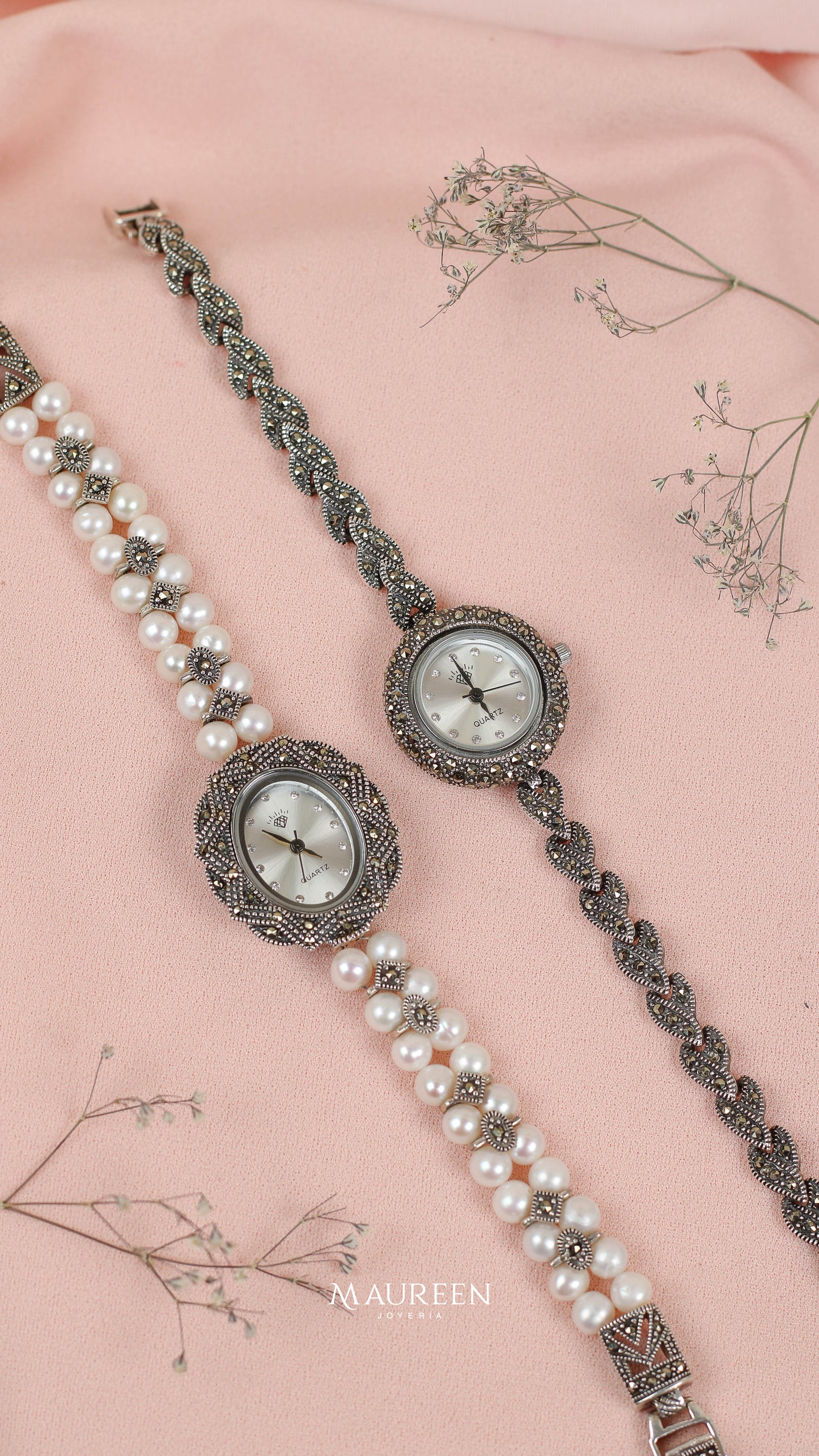Reloj perlas y marquesita - Plata