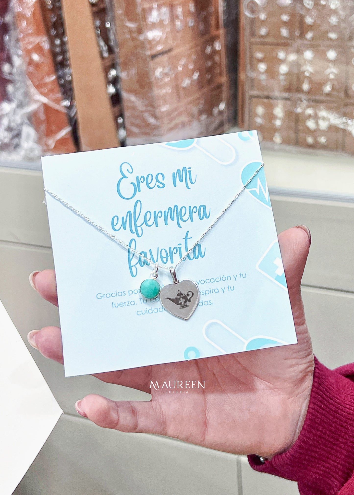 Collar Corazon + Dije Piedra Natural amazonita - Plata