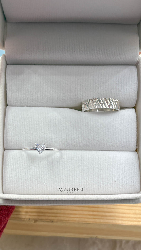 Anillos de promesa para pareja piedra + aro diamantado alto relieve - Plata