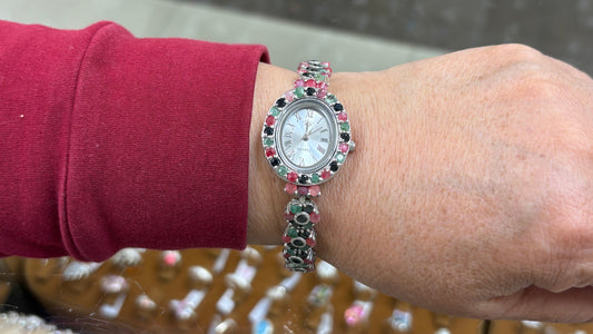 Reloj ovalado piedra natural con marquesita- Plata