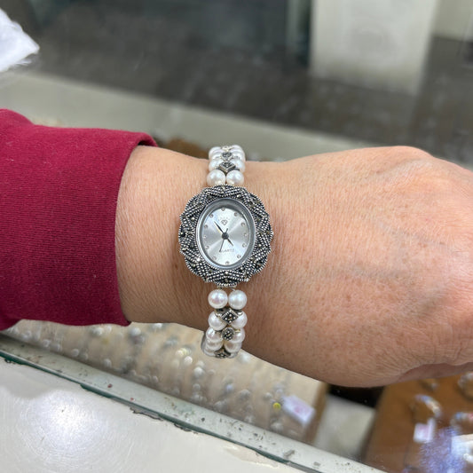 Reloj perlas y marquesita - Plata