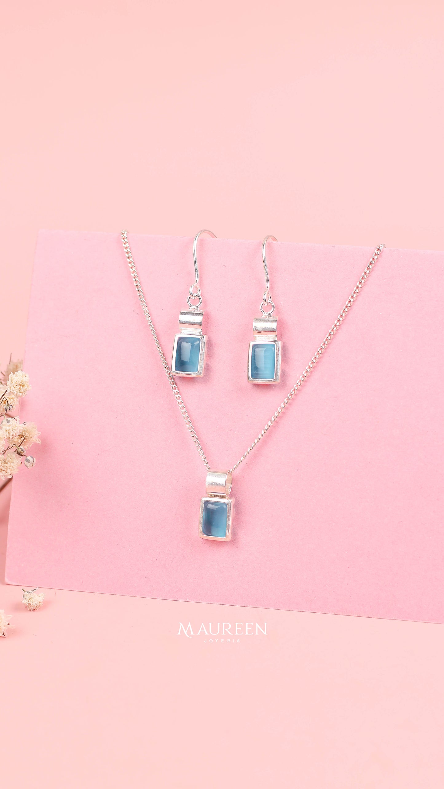 Juego cuadrado ojo de gato celeste - Plata