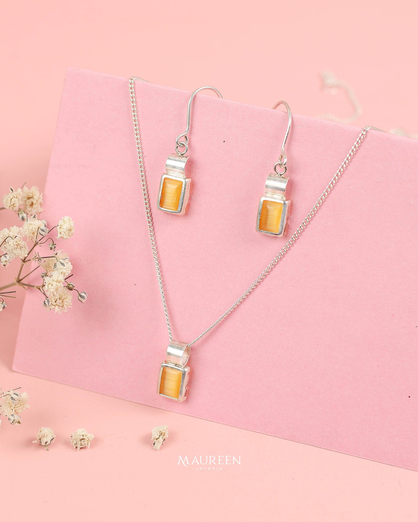 Juego rectangular ojo de gato amarillo - Plata