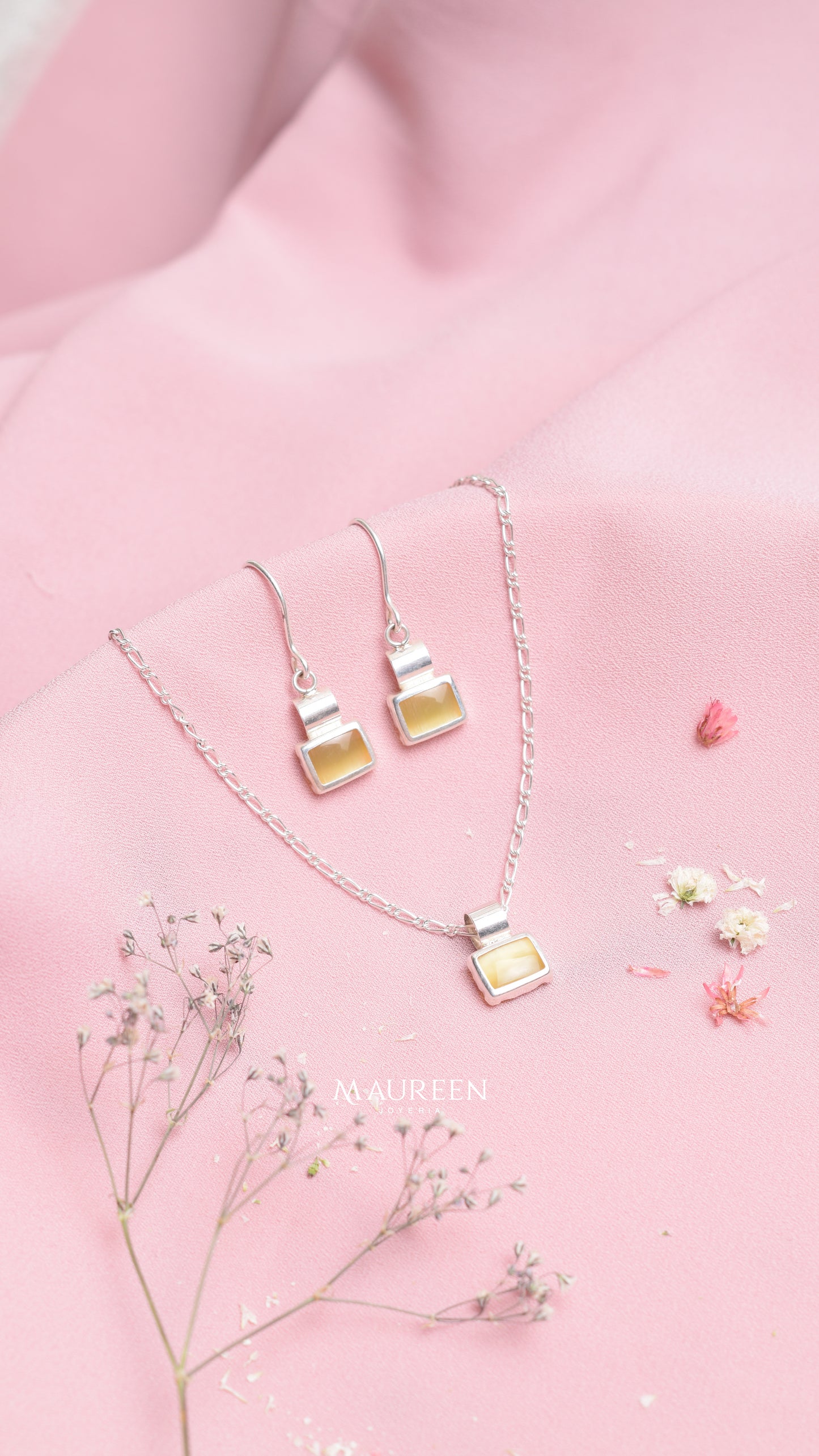 Juego rectangular ojo de gato amarillo - Plata