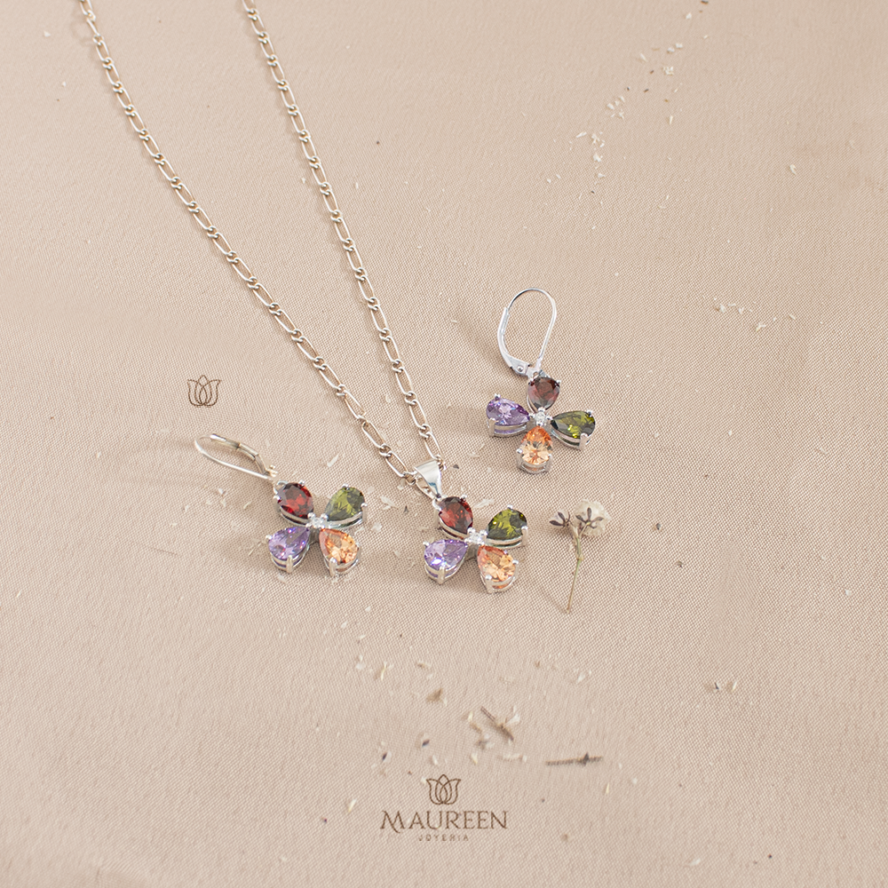 Juego flor colgante cuatro petalos - Plata