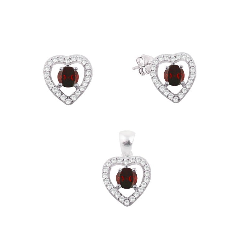 Juego corazón circones piedra rubi pegado - Plata