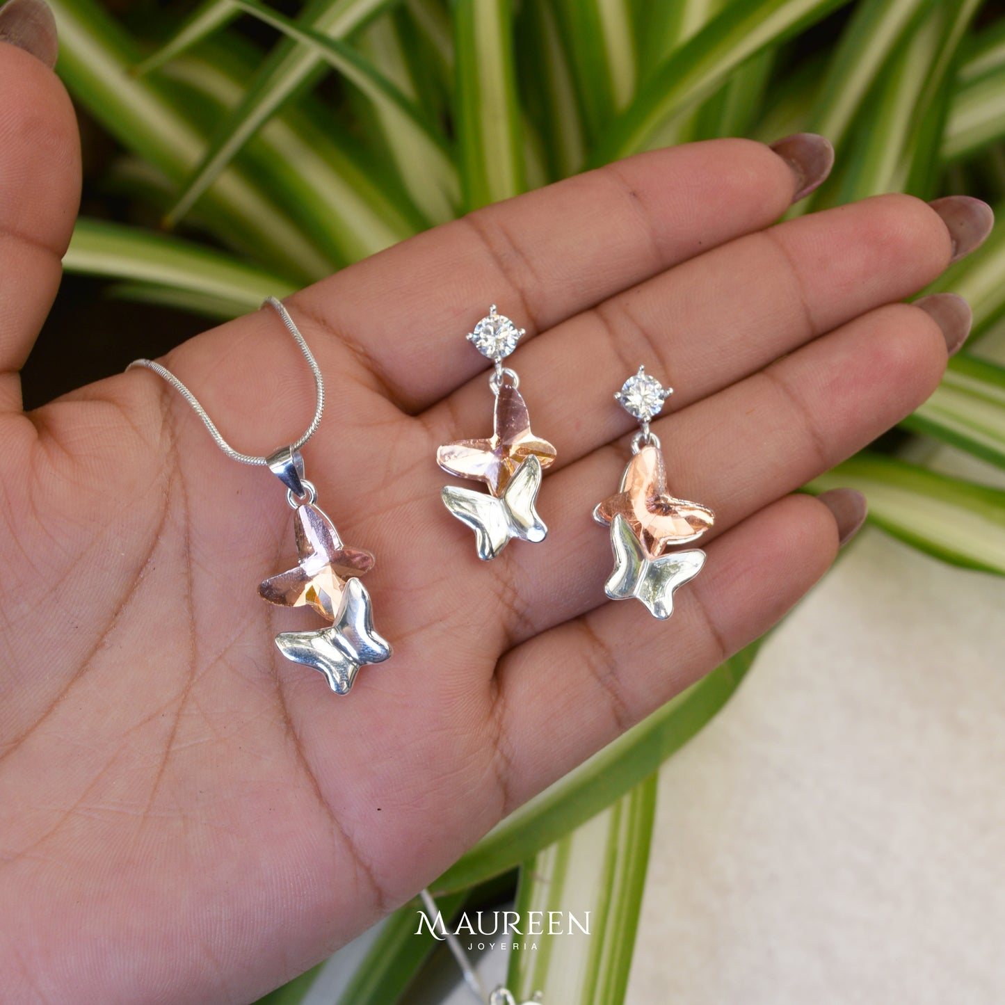 Juego de mariposa doble cristal naranja - Plata