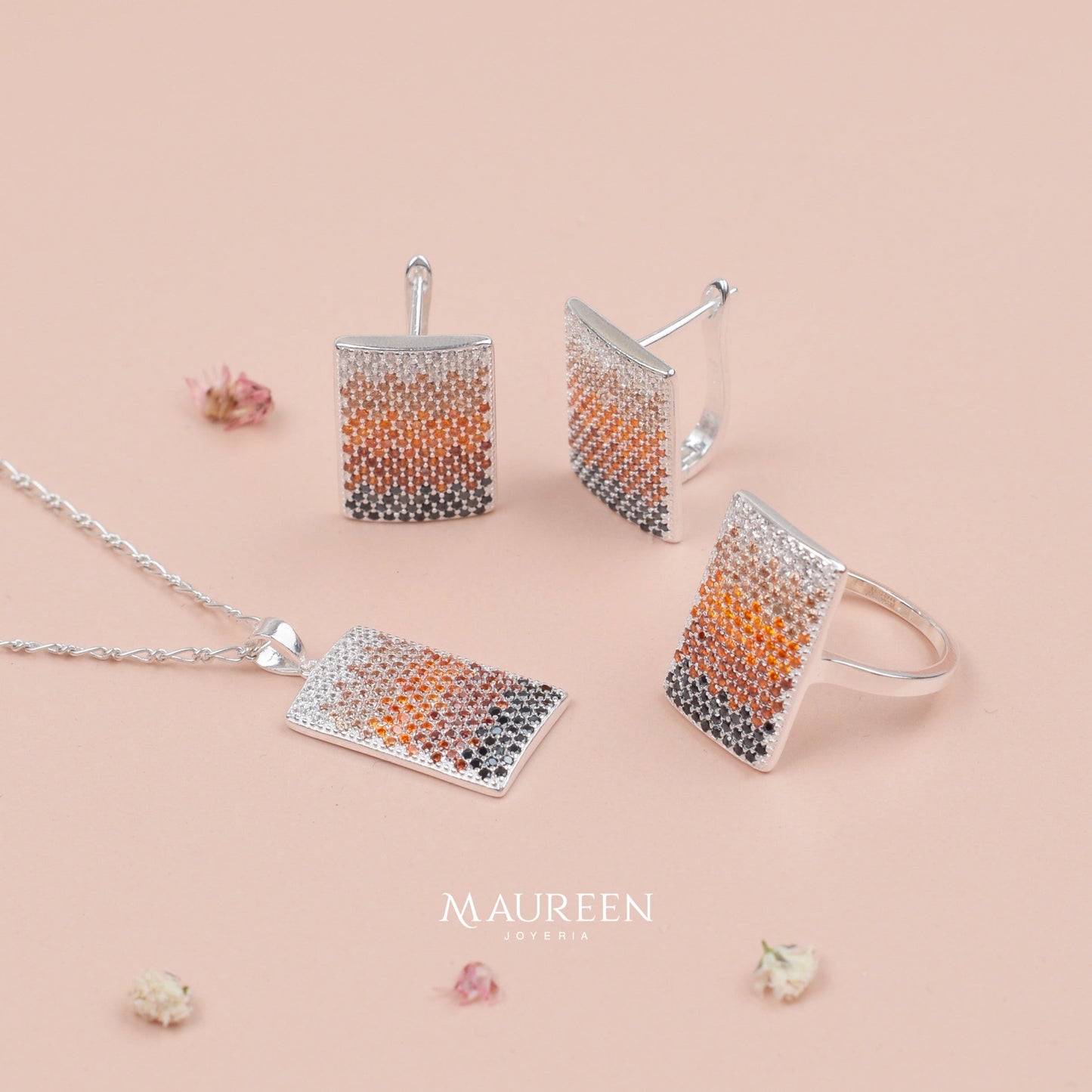 Juego rectangulo con circones de colores rojo anaranajdo - Plata