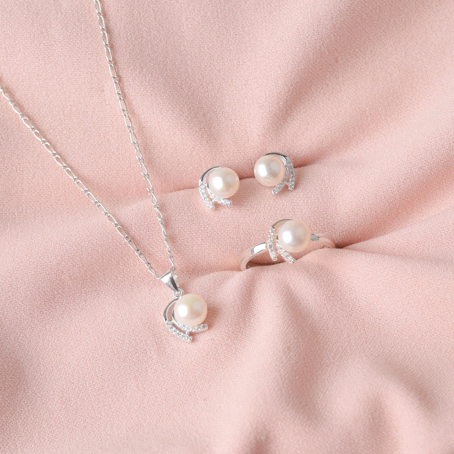 Juego perla contorno con mni circones - Plata