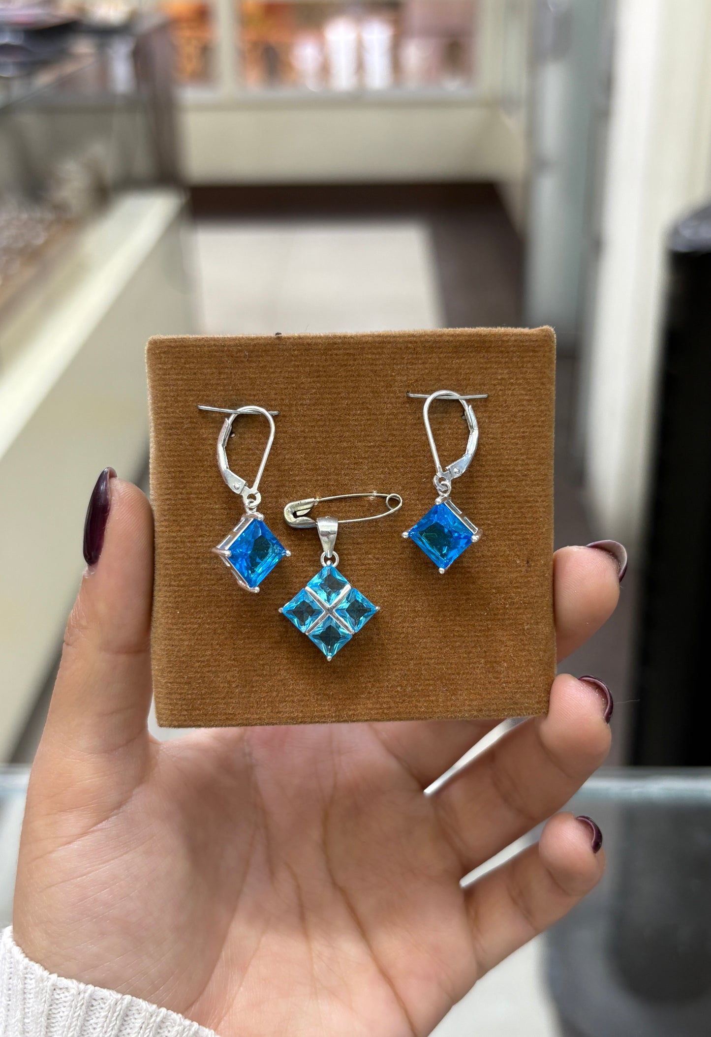 Juego rombo circon celeste colgante - Plata