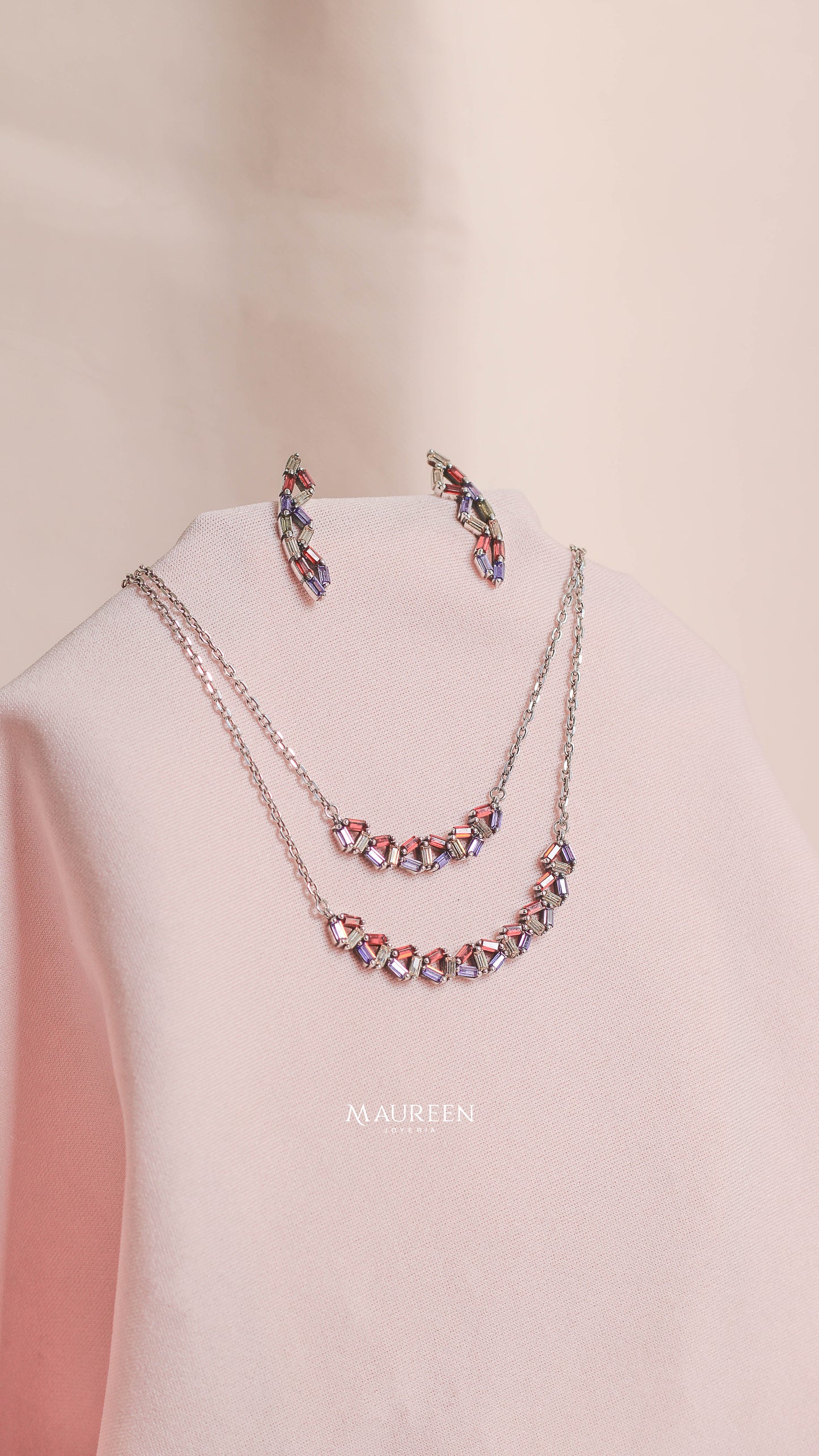 Juego doble triangulo con circones baguette colores- Plata