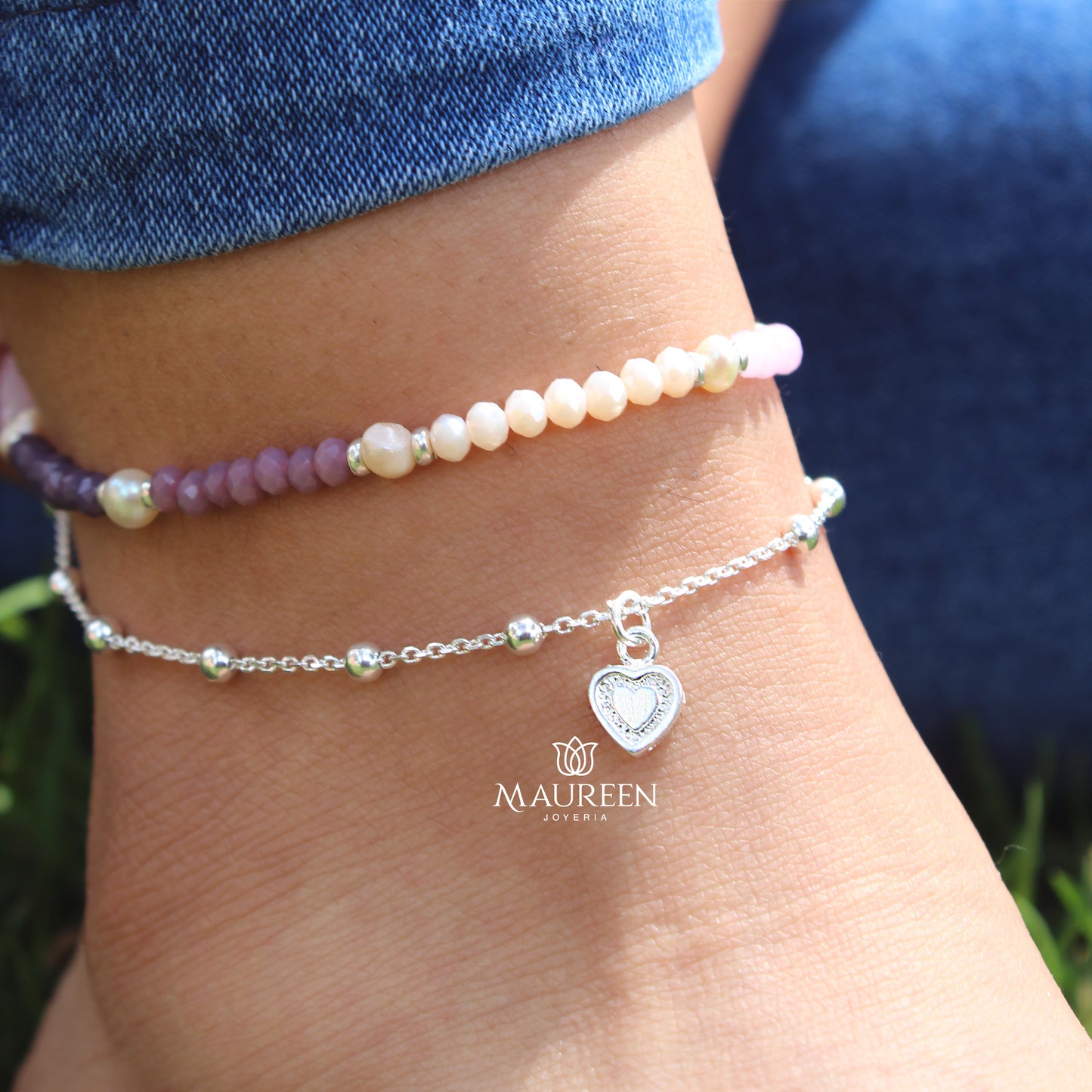 Tobillera dije corazón y esferas