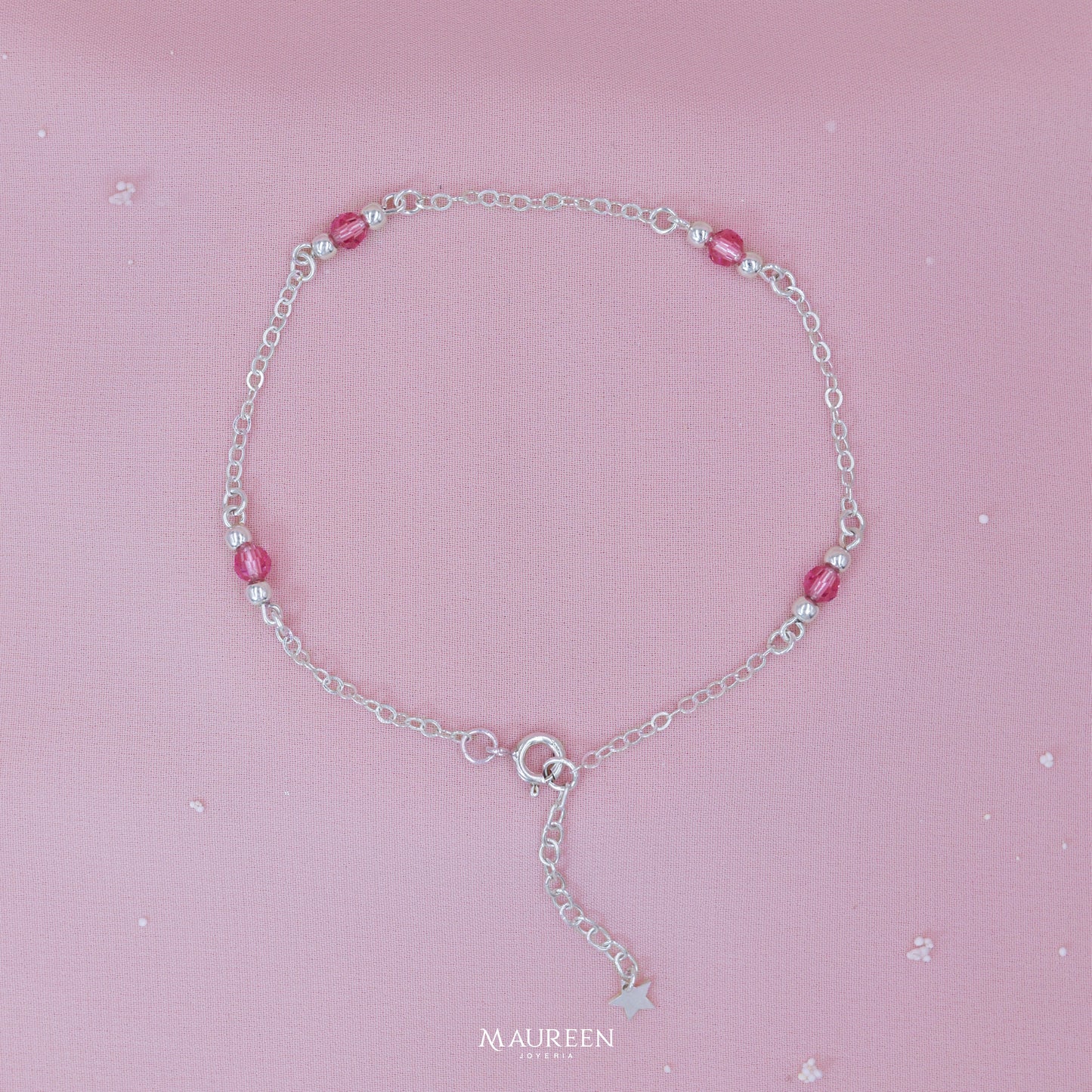 Tobillera estrella y esferas de murano rosado