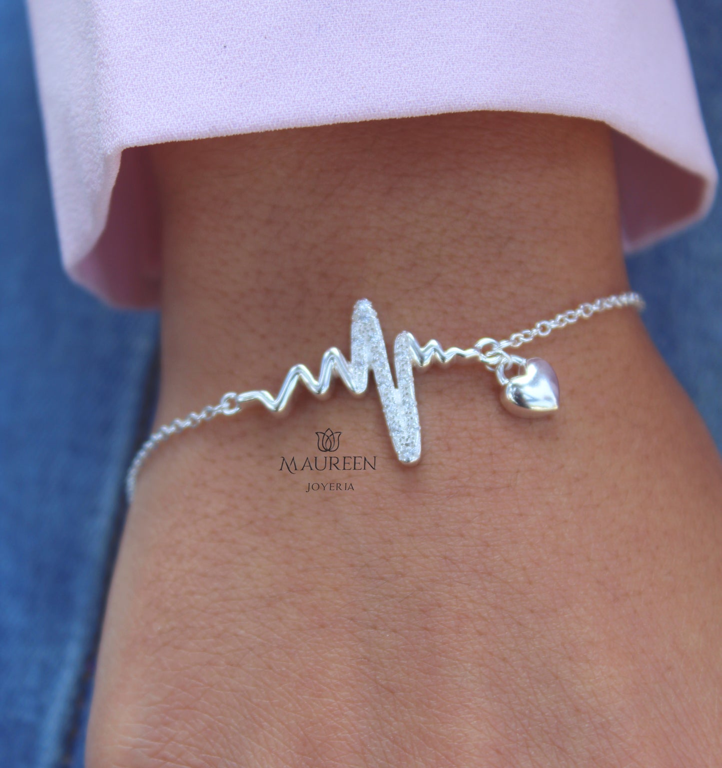 Pulsera ritmo cardiaco con dije corazón - Plata