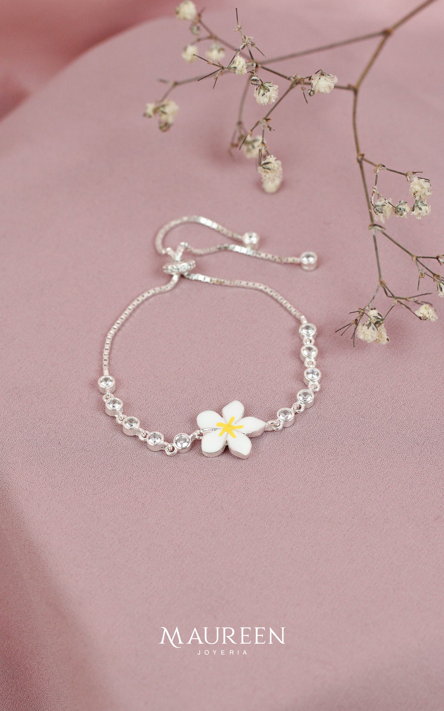 Pulsera ajustable flor esmaltada - Plata