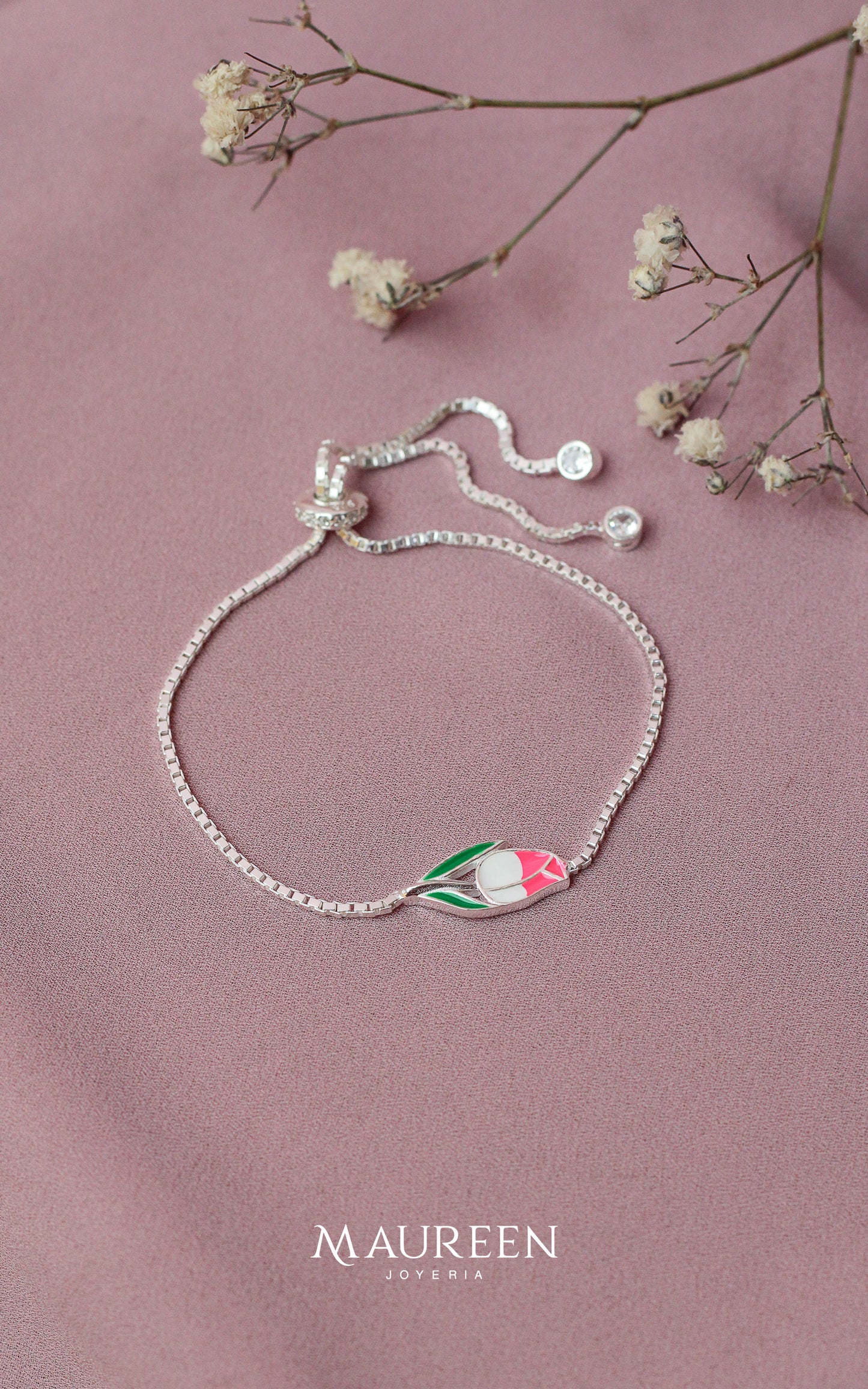 Pulsera ajustable tulipan esmaltado - Plata