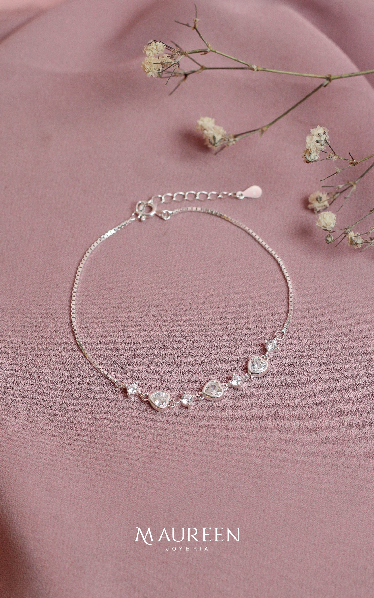 Pulsera corazones con destellos - Plata