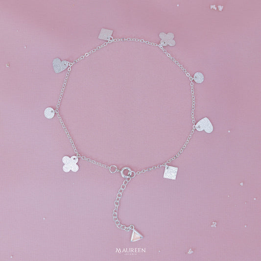 Tobillera dije corazón, rombo y flor texturadas