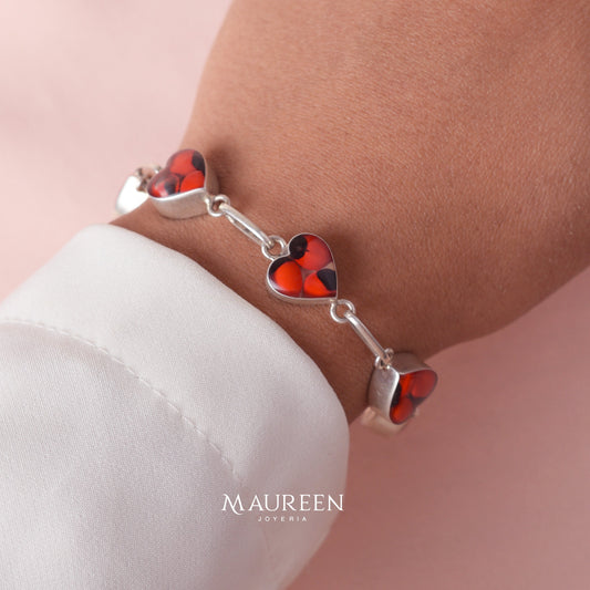 Pulsera corazones de huayruro - Plata