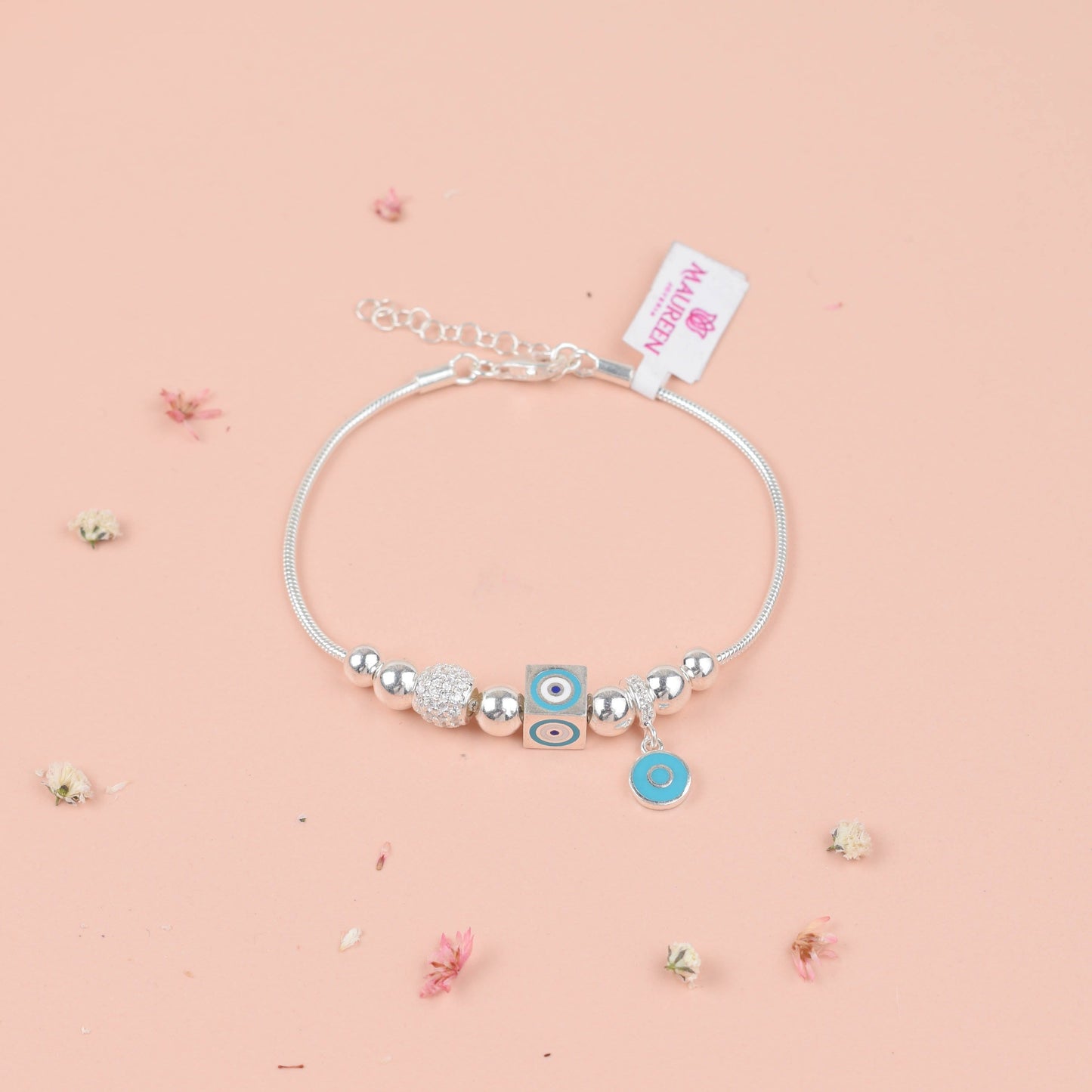 Pulsera cola de raton ojo turco turquesa - Plata