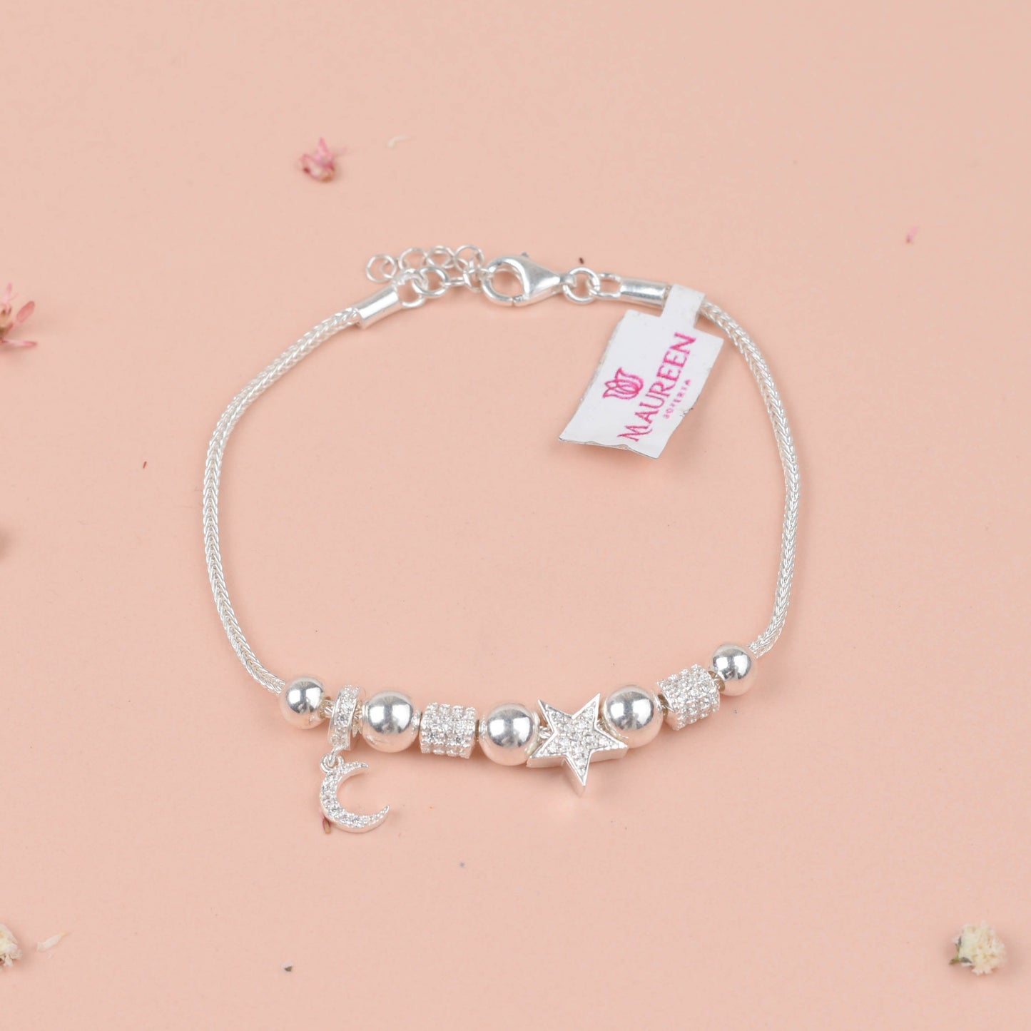 Pulsera cola de ratón estrella y luna con circones - Plata