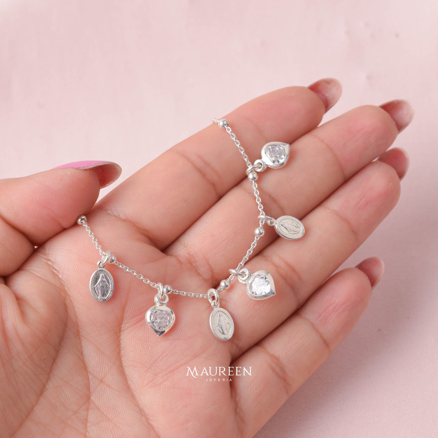 Pulsera virgen medalla milgrosa con corazon cristal - Plata