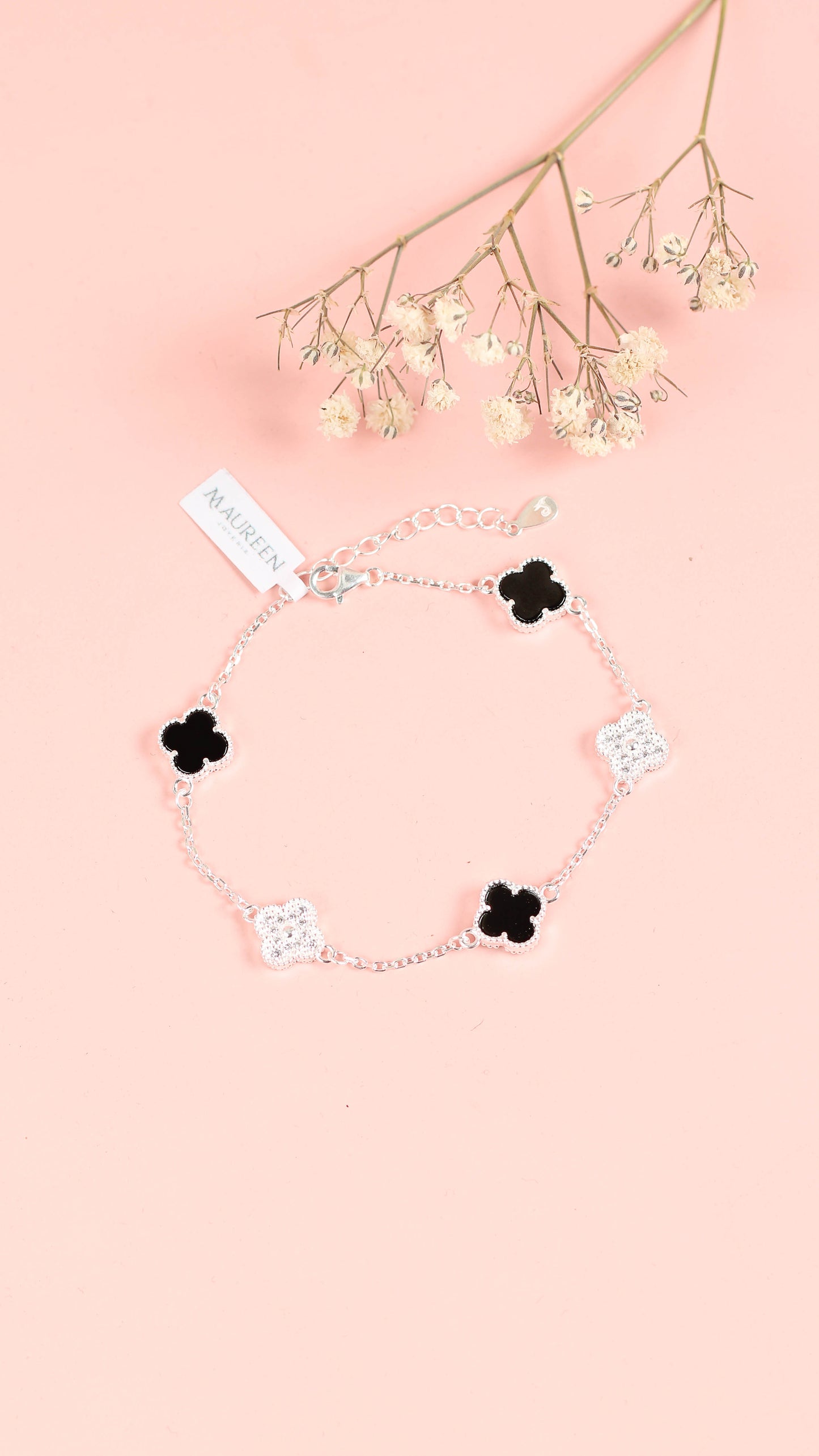 Pulsera flores piedra onix - Plata