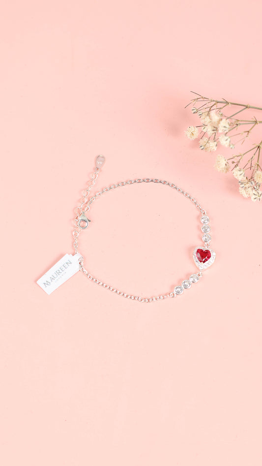 Pulsera roseta corazon rubi - Plata