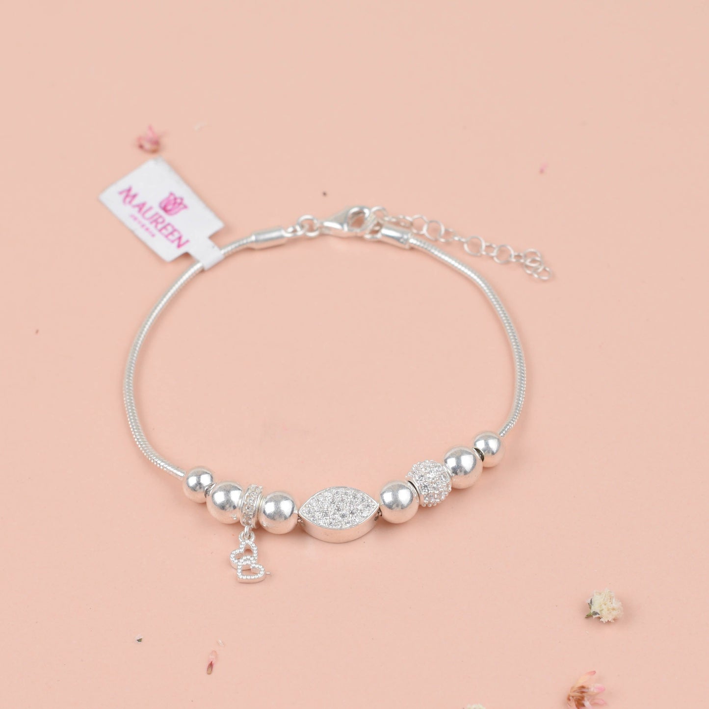 Pulsera cola de raton con dije doble corazón - Plata