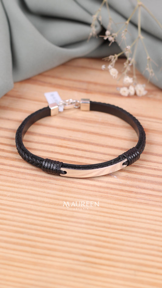 Pulsera de cuero cafe, negro y azul con placa - Plata