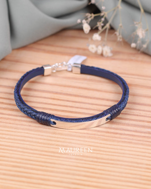 Pulsera de cuero cafe, negro y azul con placa - Plata
