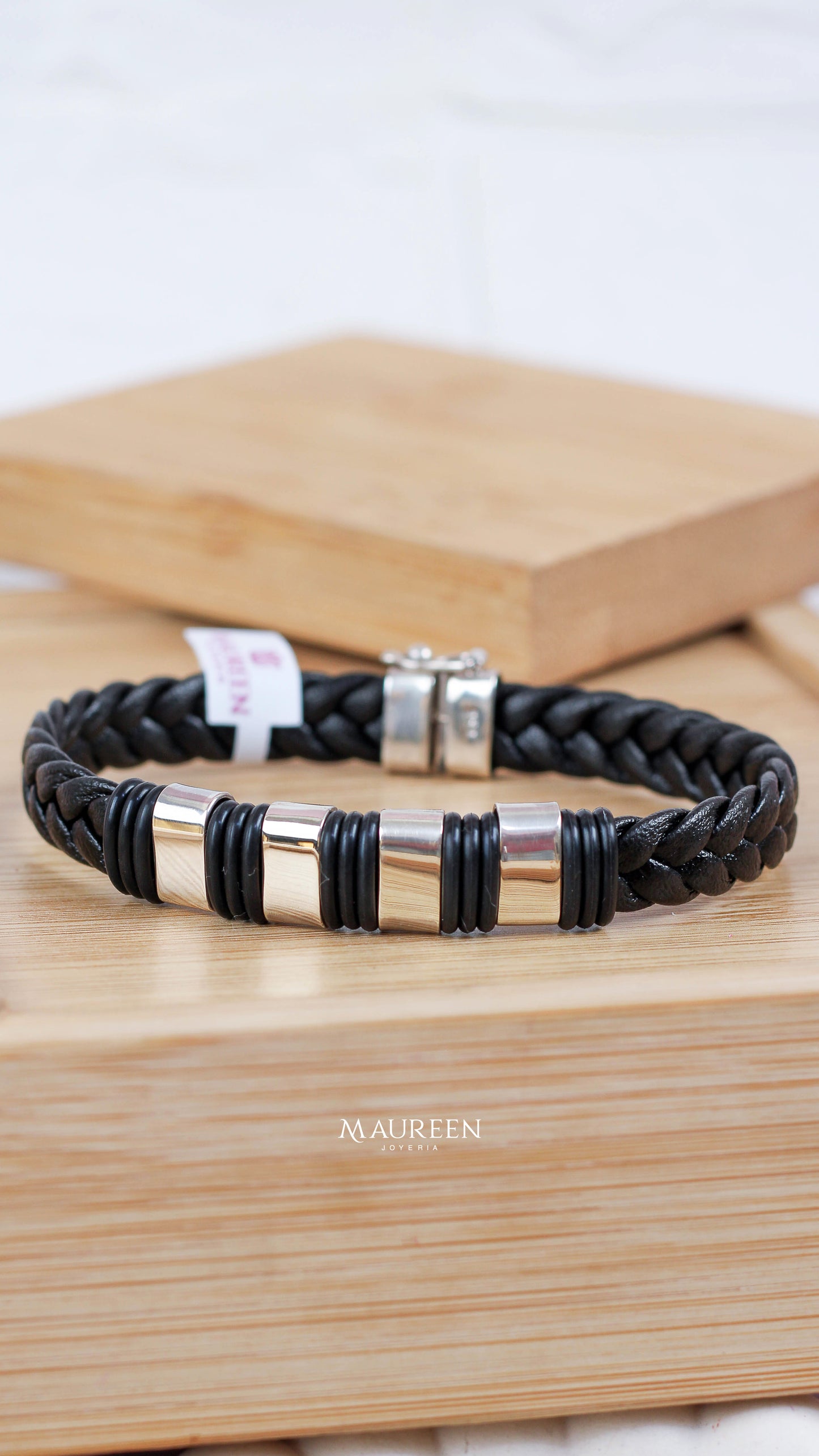 Pulsera de cuero negro con placa hombre - Plata