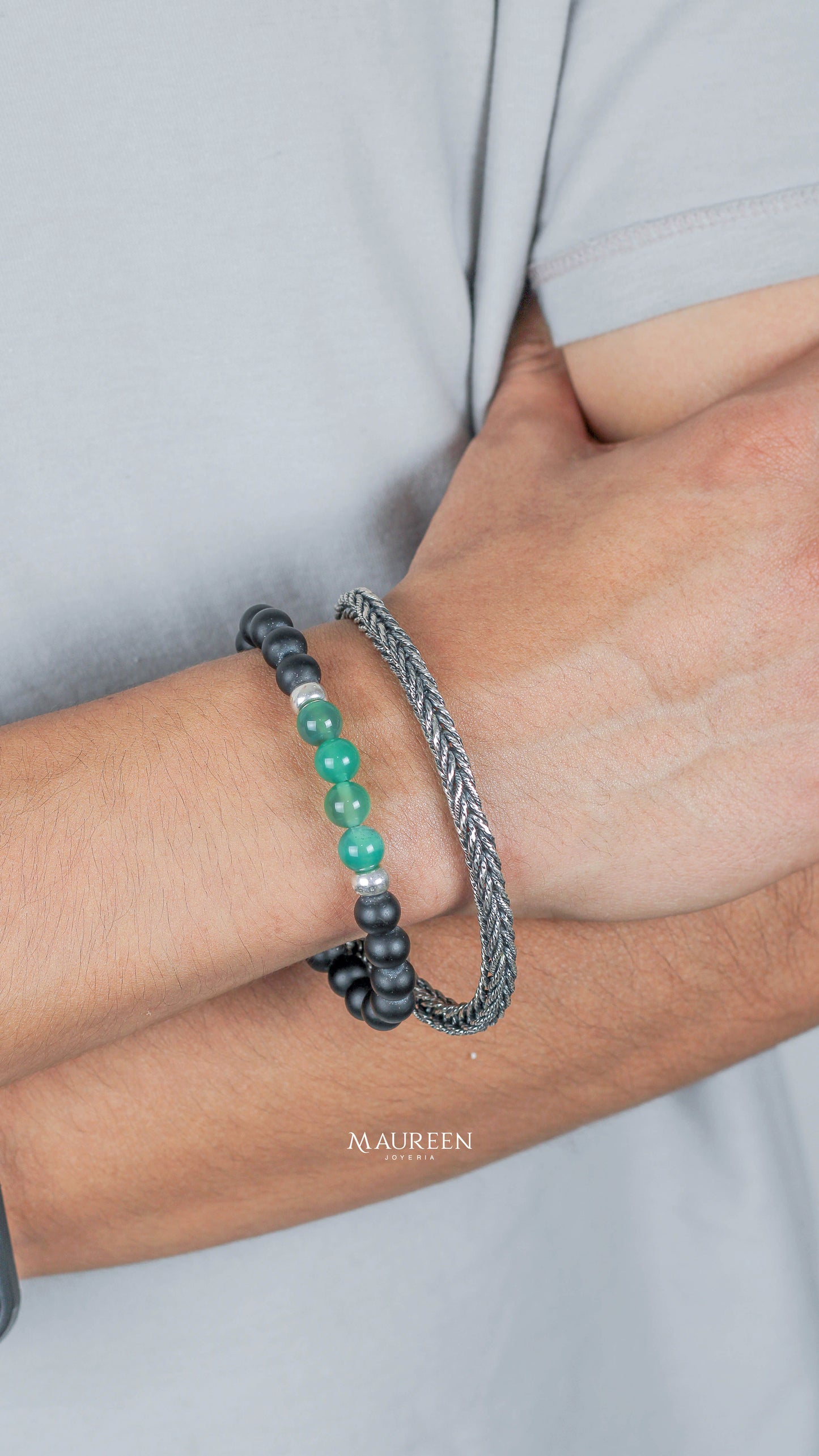 Pulseras hombre trenzado y piedra jade y onix - Plata