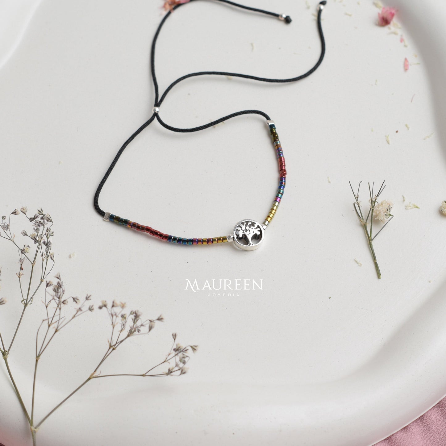 Pulsera miyuki hilo negro arbol de la vida - Plata