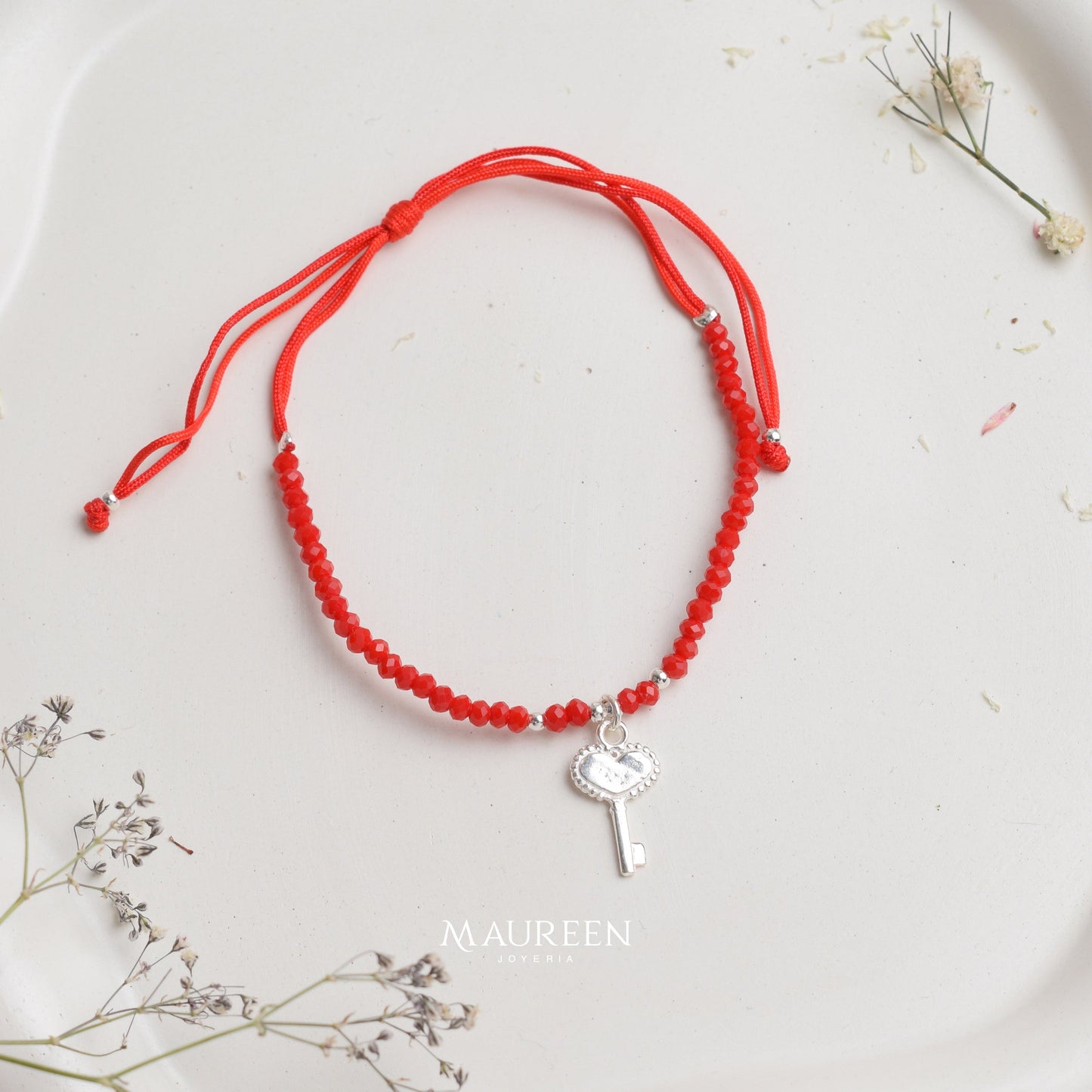 Pulsera de hilo con murano dije de llave - Plata