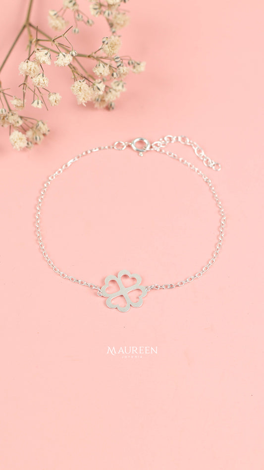 Pulsera trebol calado con cadena - Plata