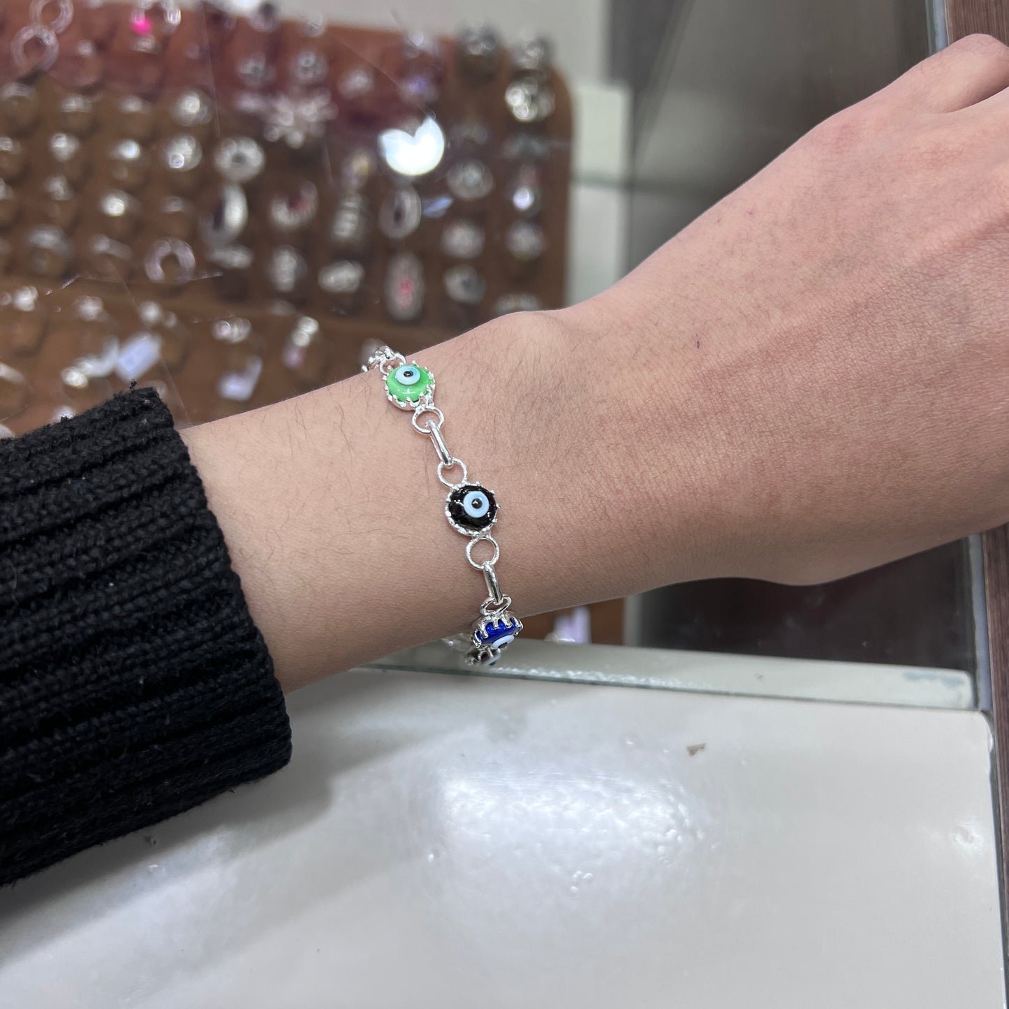 Pulsera ojos turcos colores con engaste - Plata