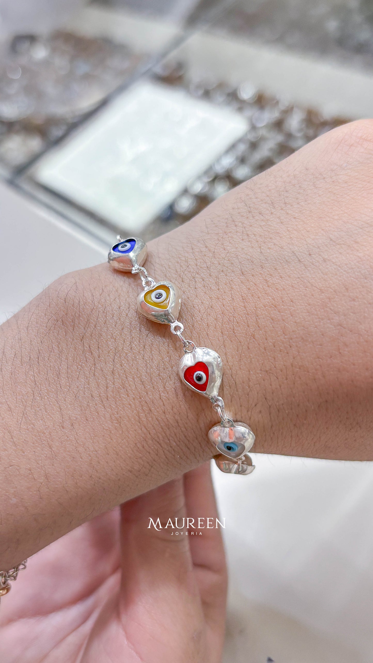 Pulsera ojos turcos corazon de colores - Plata