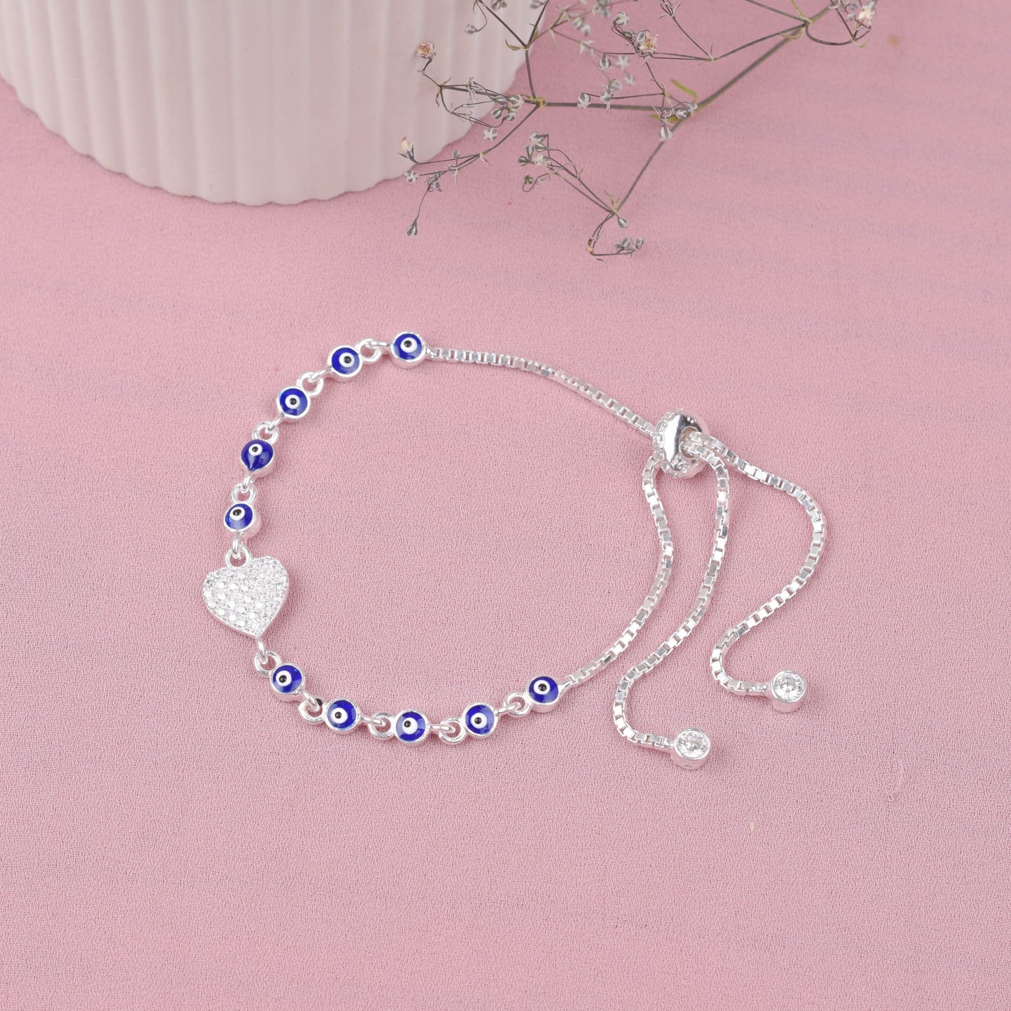 Pulsera regulable corazón con circones y ojo turco - Plata
