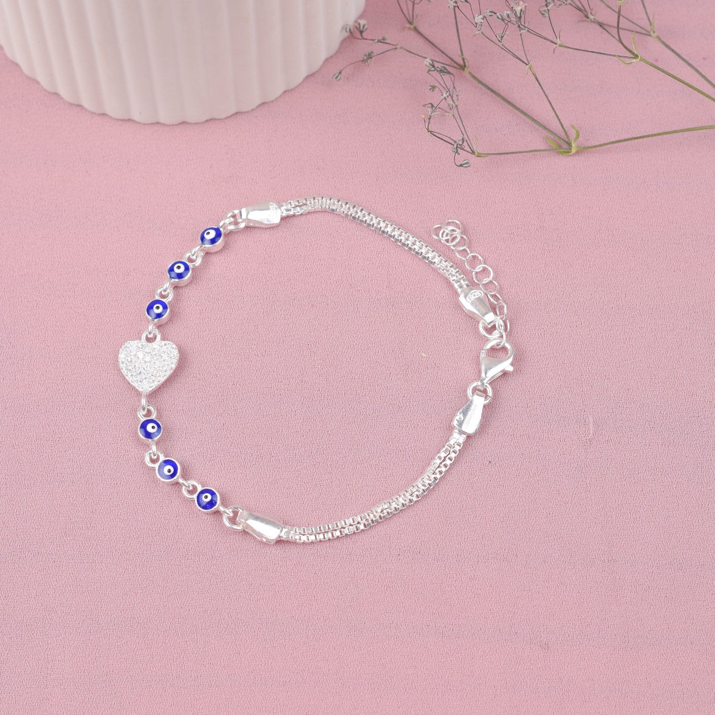 Pulsera corazón con circones y ojo turco - Plata