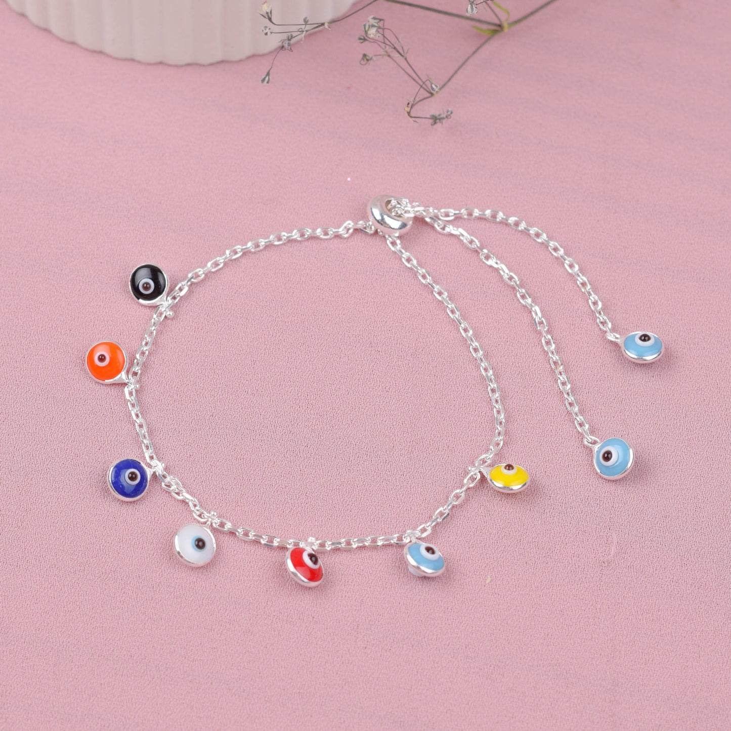 Pulsera regulable dijes de ojo turco de colores - Plata