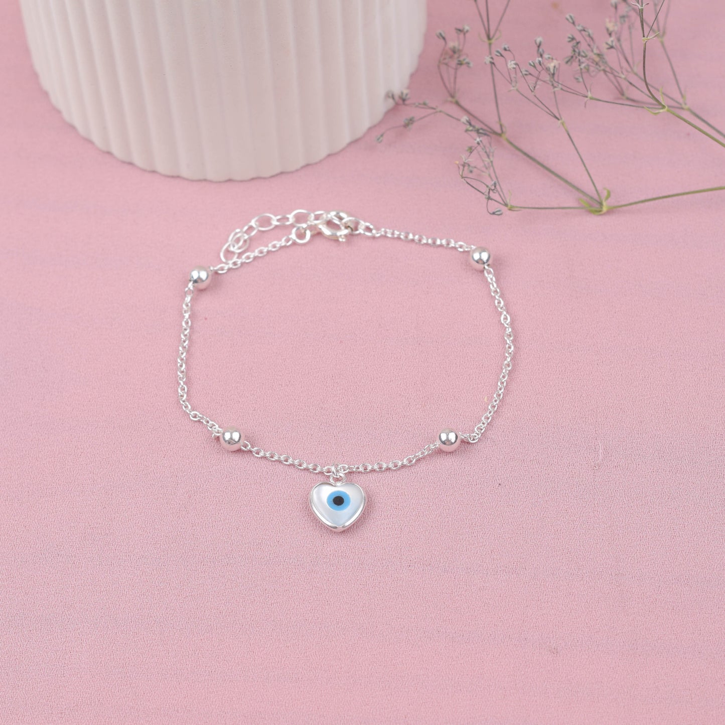 Pulsera ojo turco corazón con esferas - Plata