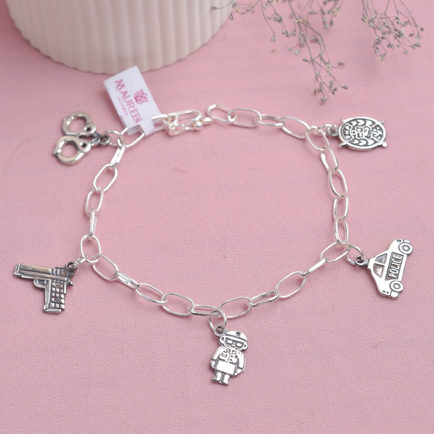 Pulsera dijes policia - Plata quemada