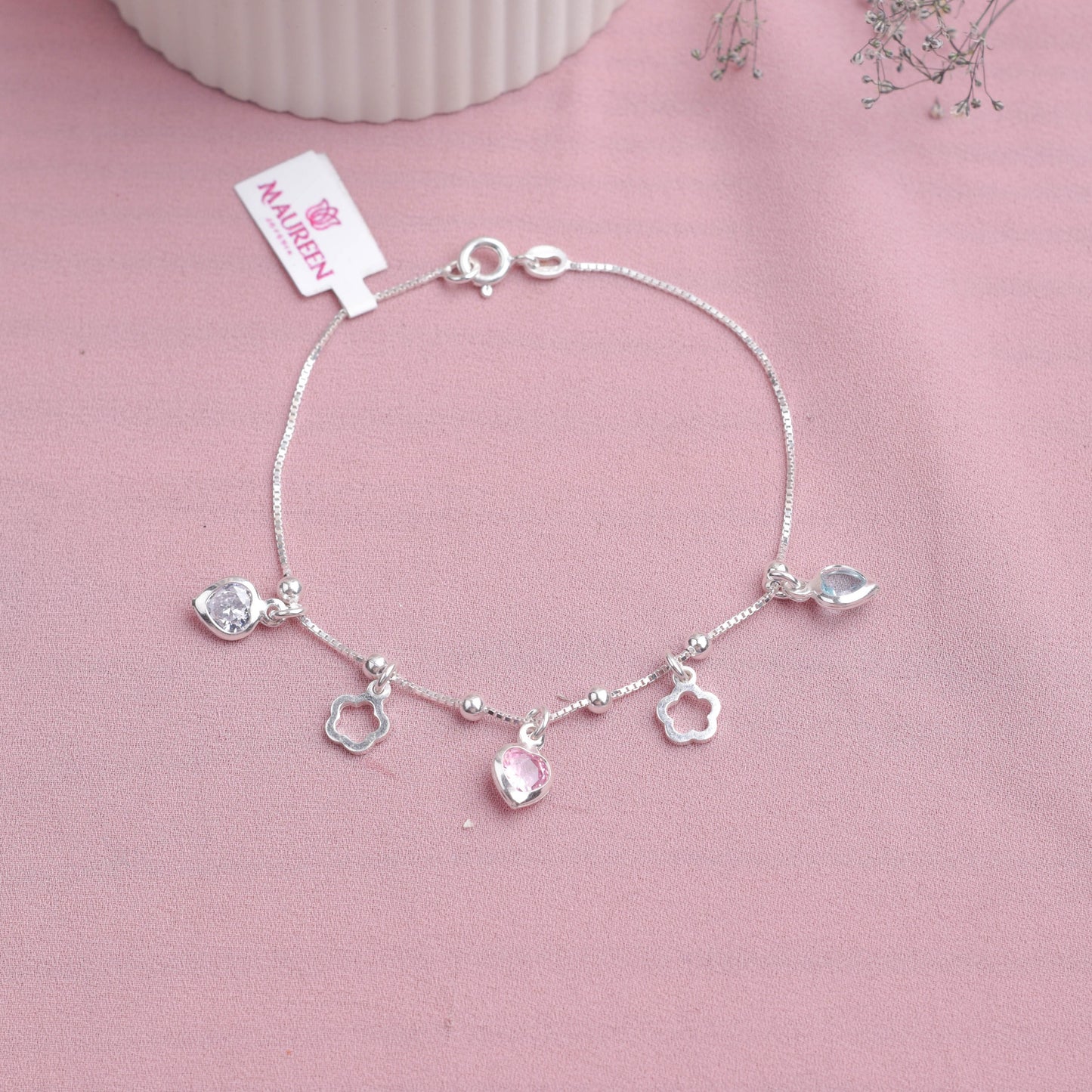 Pulsera dijes de flor con corazones - Plata