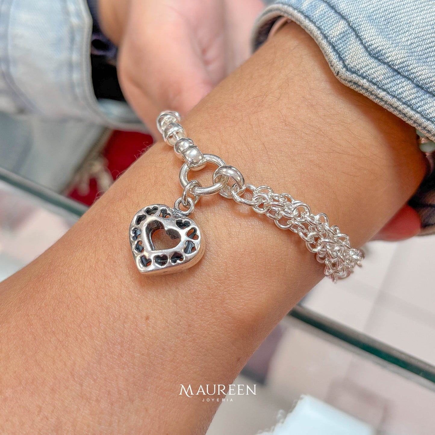 Pulsera donas y cadenas con dije corazon- Plata quemada