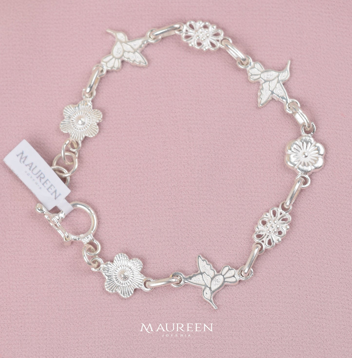 Pulsera colibri con flores - Plata