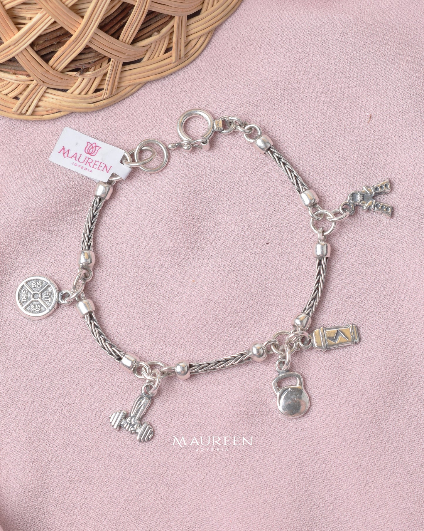 Pulsera con dijes gimnasio - Plata quemada