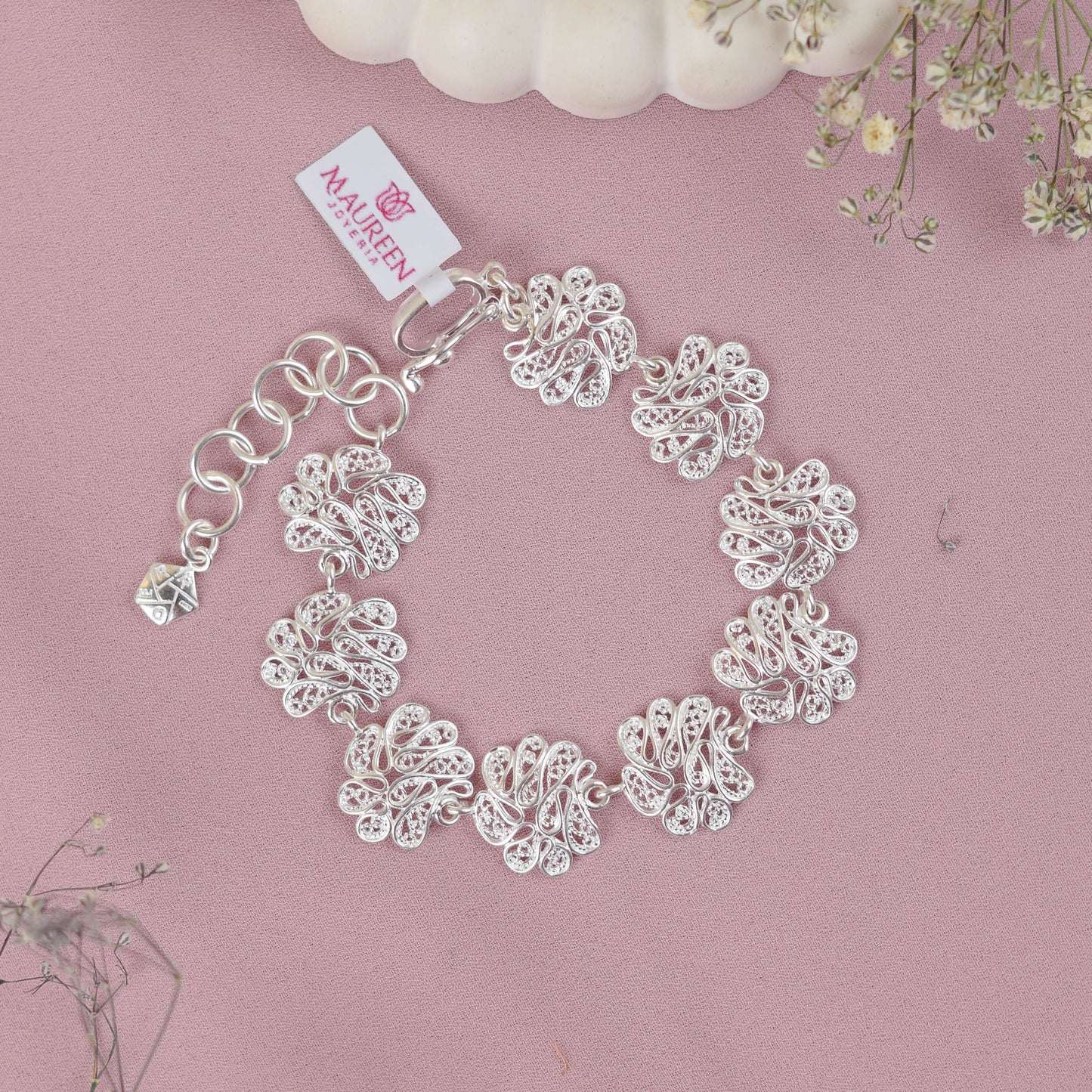 Pulsera flor tejida filigrana - Plata