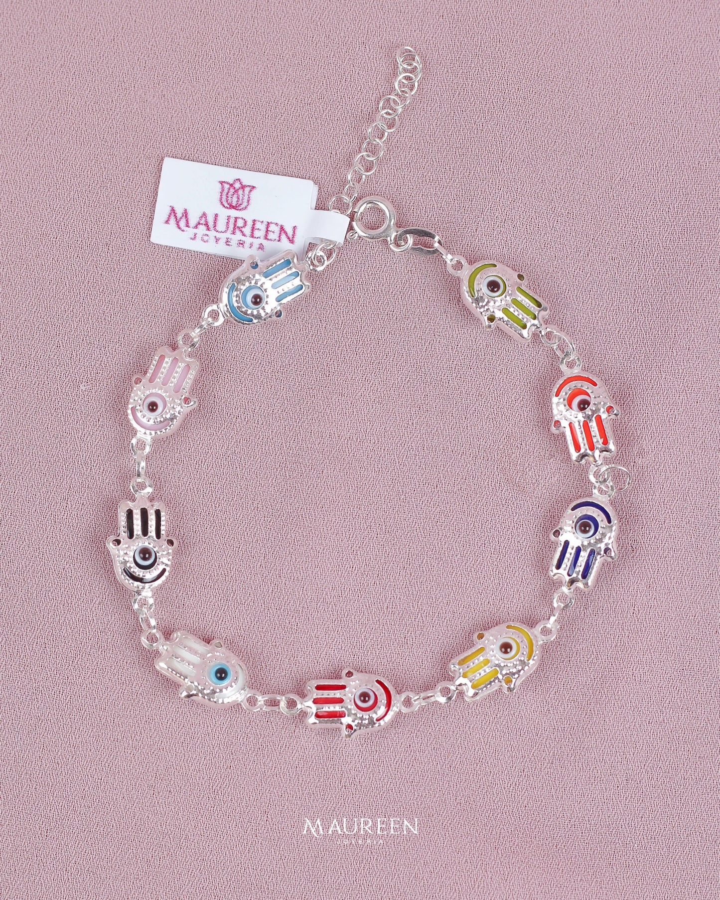 Pulsera ojo turco mano de fatima de colores - Plata