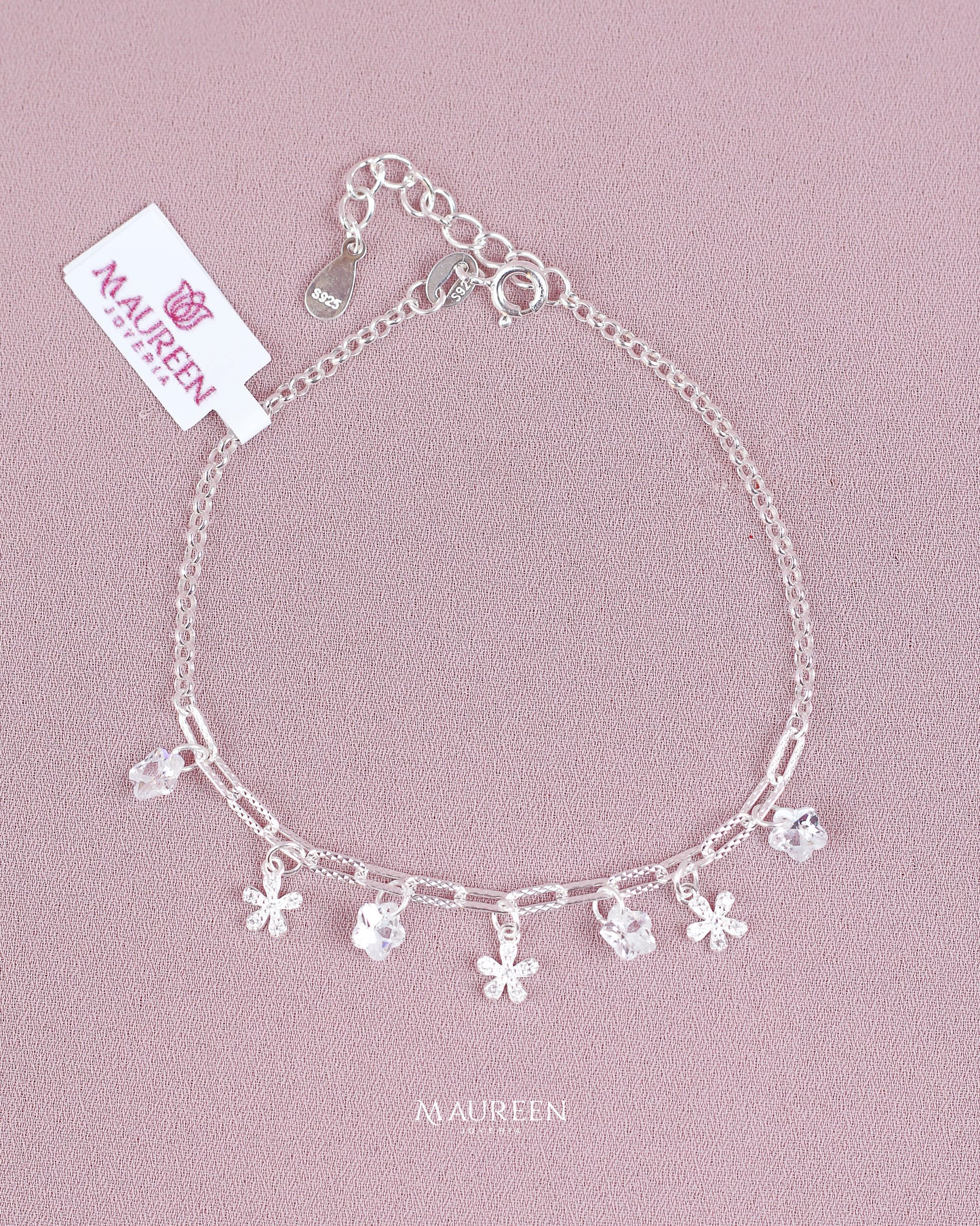 Pulsera dijes flores con circones en forma de flor - Plata